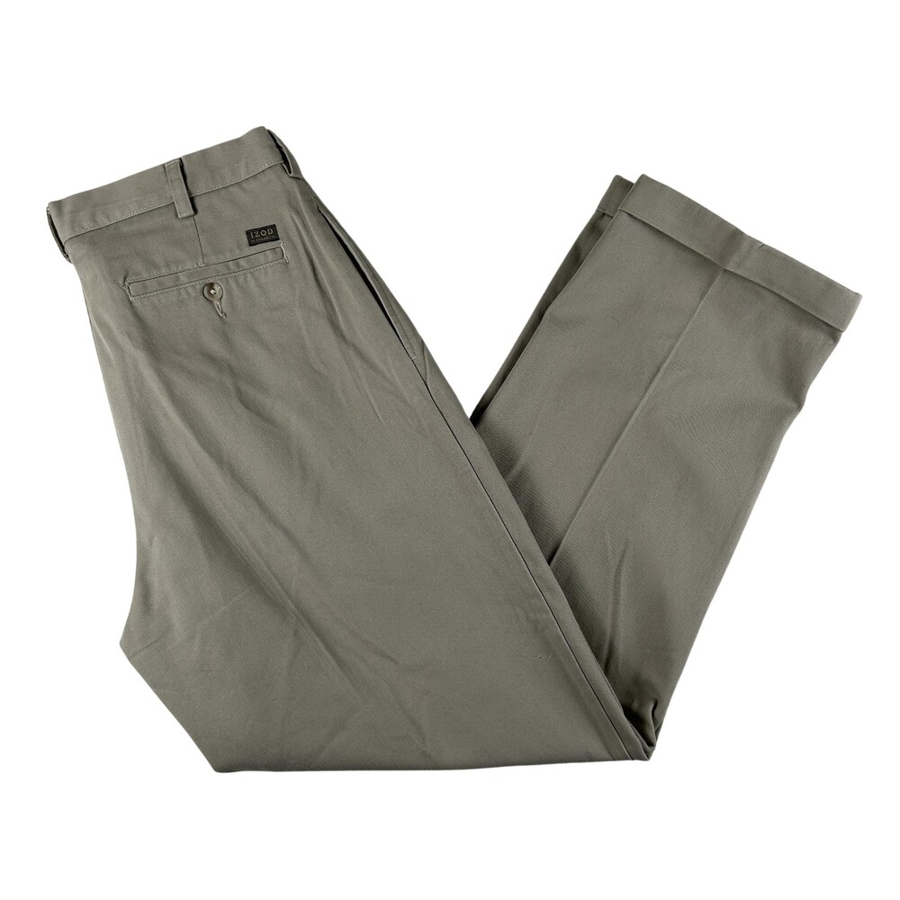 IZOD Pants Mens 35x30 Beige Wrinkle Free American Chino Pleated Cuffed